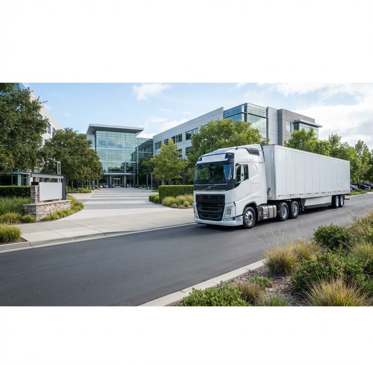Wide panoramic shot of a modern, clean, branded logistics truck parked at a corporate office park entrance, bright cool-toned daylight, sharp focus, 35mm