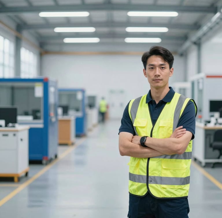 Portrait of a professional logistics team member in high-visibility safety gear, standing confidently in a modern, clean warehouse environment with organized equipment, bright cool-toned daylight.