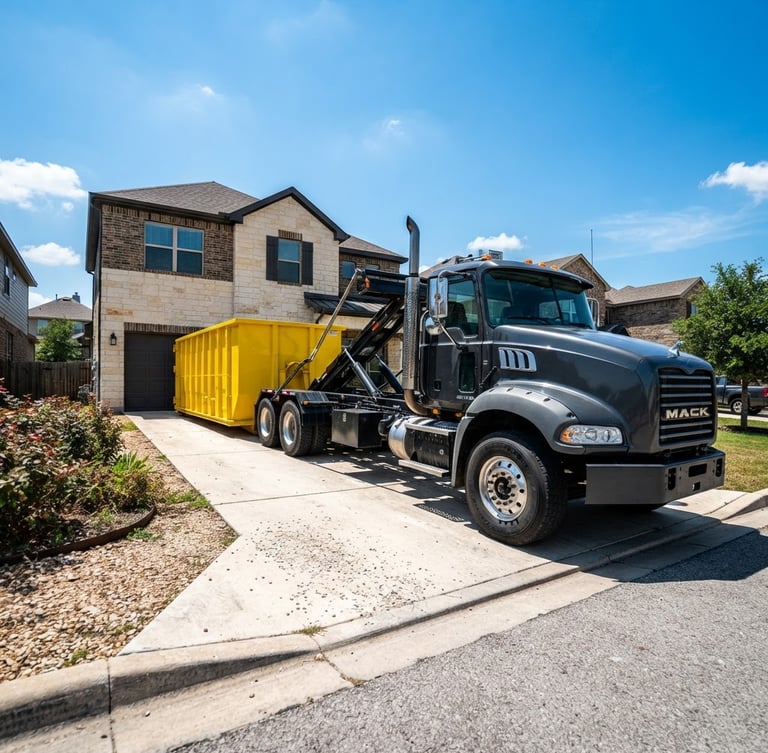 Wide-angle, low-angle heroic shot of a clean roll-off dumpster truck backed into a residential driveway, a bright safety-yellow dumpster clearly visible, harsh Texas sunlight, high-contrast charcoal and yellow tones, sharp focus.