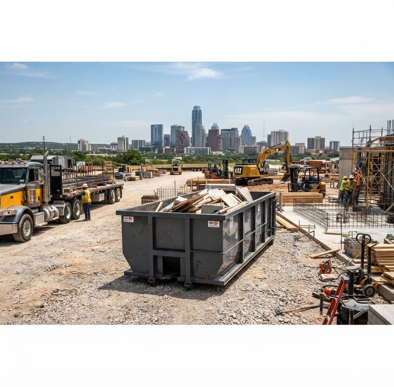 Wide-angle shot of a clean roll-off dumpster on an active, organized construction site in Austin, Texas, under bright Texas sunlight, with a heavy-duty delivery truck partially visible in the background, low horizon.