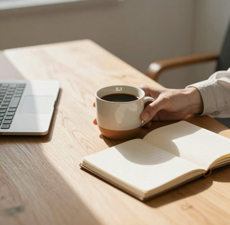 Minimalist bright office morning light, hands holding a warm ceramic coffee cup next to an open notebook on a clean wooden desk, soft shadows.