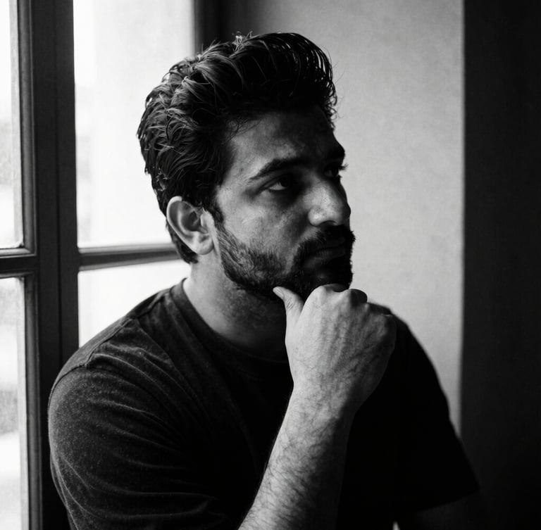 Stark black and white portrait of Samir Singh in deep thought, dramatic side-lit window light, high contrast, rich paper textures, 35mm film grain.