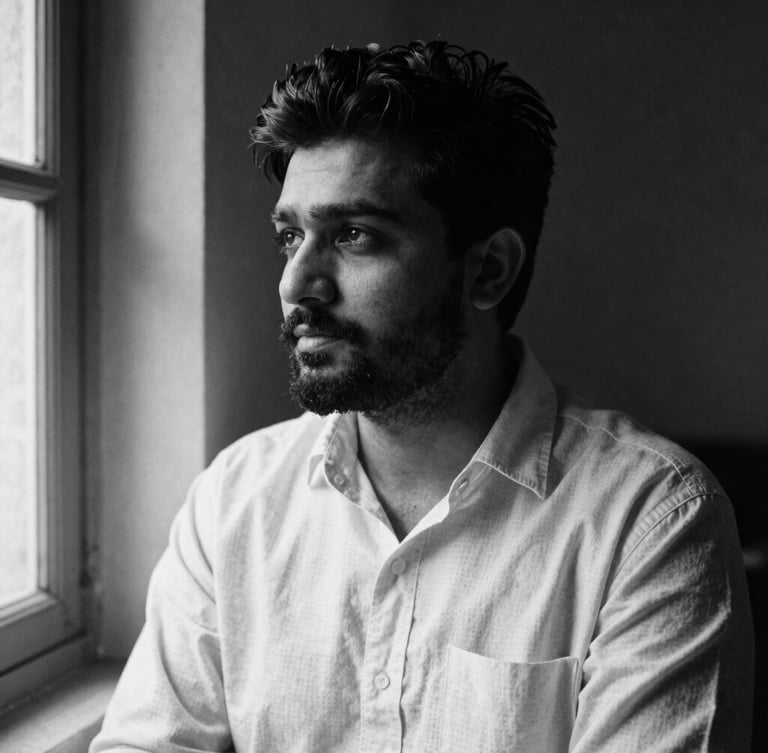 Stark black and white portrait of Samir Singh in quiet thought, high-contrast side-lit window light, 35mm film grain, rich paper texture background, looking slightly off-camera.