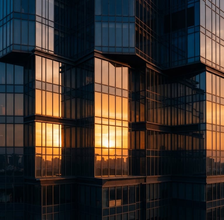 Architectural detail of a modern luxury skyscraper facade in Gurgaon, warm golden-hour sunlight reflecting off floor-to-ceiling glass panels, sharp angles, 35mm lens.