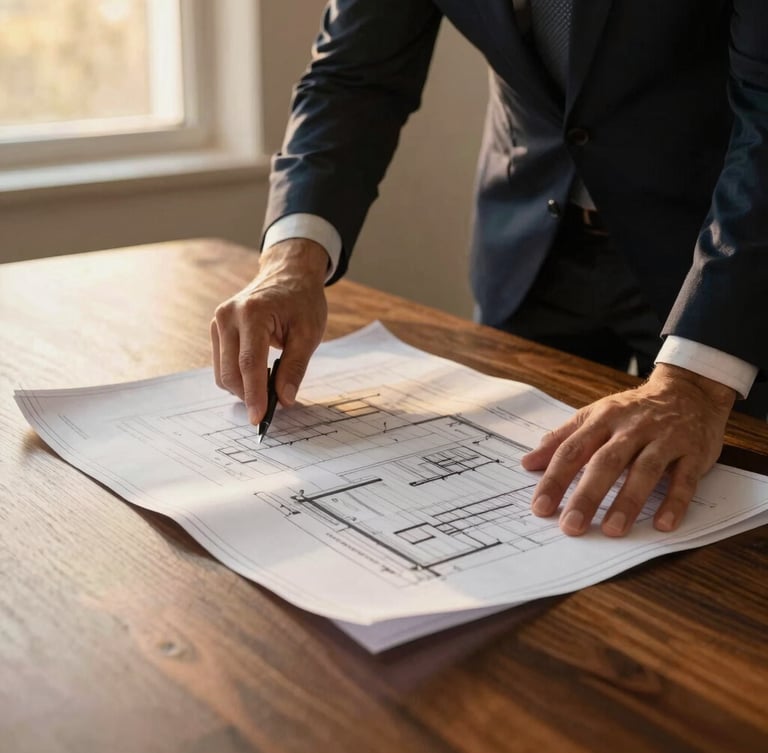 Hands reviewing blueprints and structural legal documents on a dark oak boardroom table, warm side lighting, professional atmosphere.