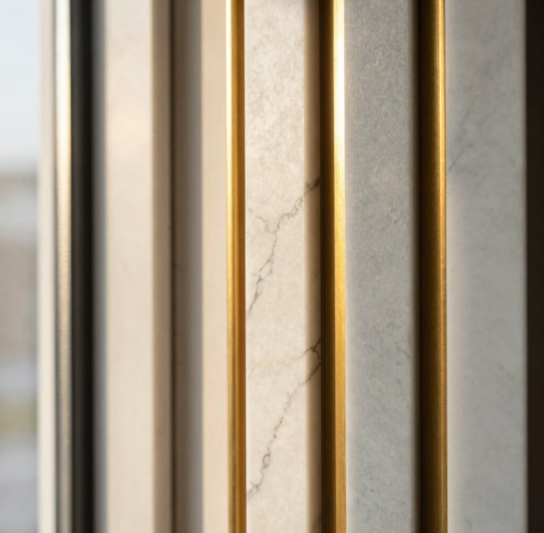 Tight, high-contrast detail shot of premium architectural materials, polished white marble and gold brass accents under warm natural window light, 35mm lens