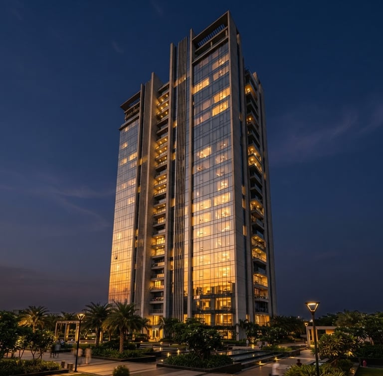 Architectural twilight photography of a modern luxury high-rise in Gurgaon, warm golden-hour sunlight reflecting on floor-to-ceiling glass facades, sharp vertical lines, 35mm lens.