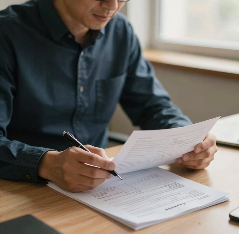 Focused professional negotiator at a clean desk, reviewing paper utility bills under warm window light, holding a pen, 35mm editorial photography