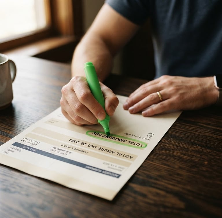 Close-up of a physical utility bill on a dark wooden table, a hand holding a green highlighter marking a high monthly total, soft natural window light, 35mm.