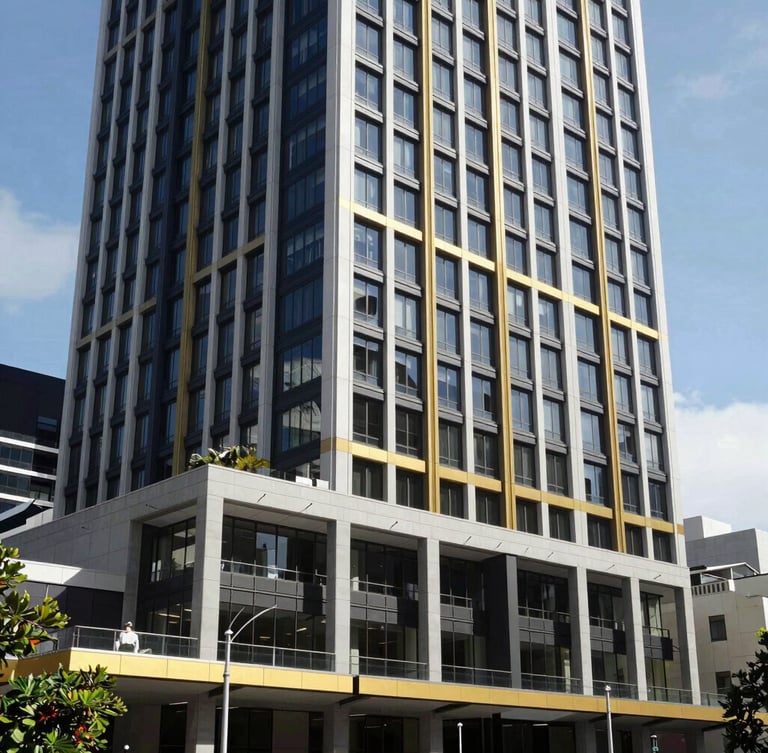 A wide architectural shot of a modern Auckland CBD high-rise exterior, bright daylight, clean corporate aesthetic.