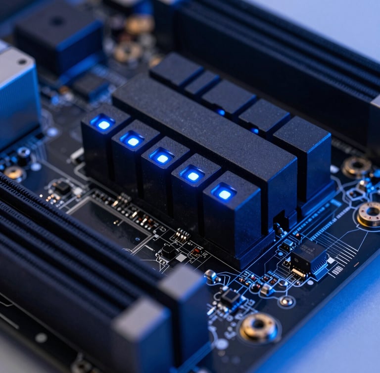 Macro close-up of high-performance server motherboard, electric blue LED indicators, deep slate gray heat sinks, cool studio lighting, sharp focus, 50mm