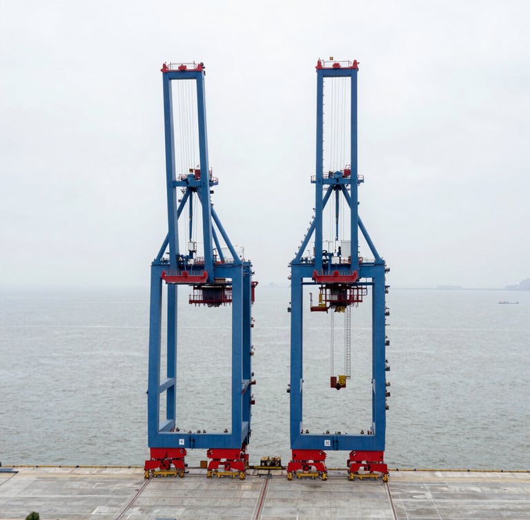 High-angle architectural aerial view of a deep-water container terminal, cool blue steel cranes, sharp crimson red telemetry markers on concrete docks, overcast daylight, symmetric composition