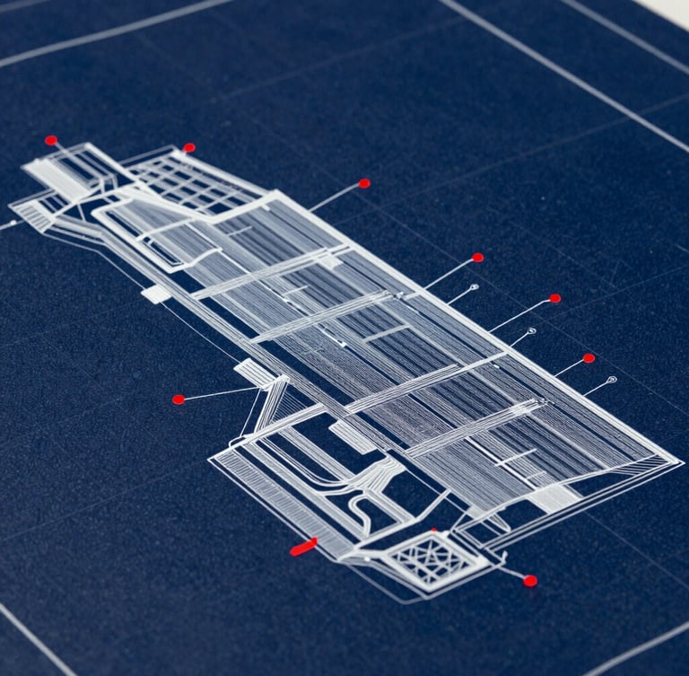 High-angle architectural blueprint of deep-water port layout, technical white lines on dark navy grid, crimson telemetry indicators, minimalist drafting aesthetic, macro shot.