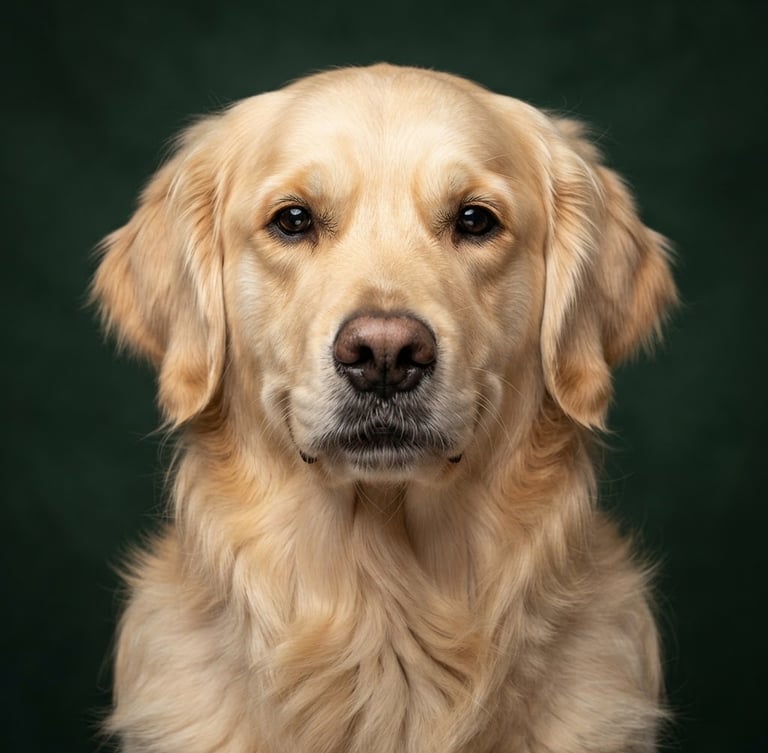 Symmetric close-up portrait of a clean Golden Retriever against a deep pine green background, sharp focus, soft studio lighting, 35mm