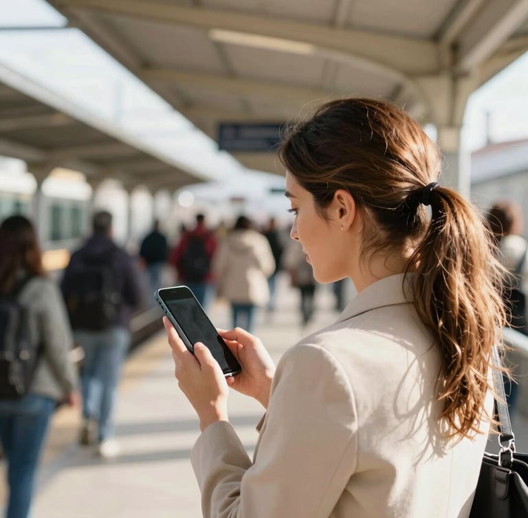 An over-the-shoulder shot of a professional woman practicing Spanish on her phone in a busy transit station, bright natural daylight, warm optimistic cast