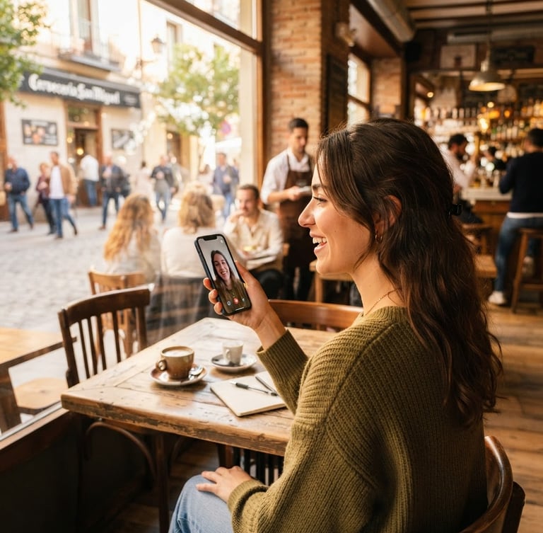 Over-the-shoulder shot of a modern learner in a bustling sunlit Madrid cafe, speaking confidently into a smartphone, warm optimistic tones, shallow depth of field