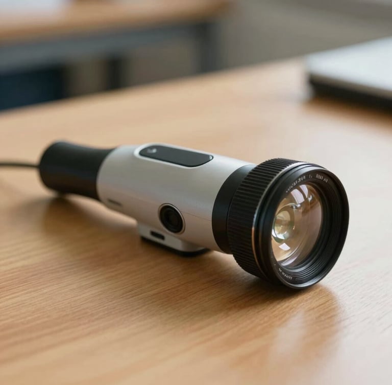 Close-up of a high-precision clinical otoscope resting on a clean wooden desk, soft natural light, warm professional atmosphere.