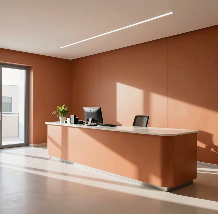 Wide panoramic view of a bright, modern medical office in Puglia, warm sunbeams casting soft shadows on terracotta-colored walls, minimalist aesthetic