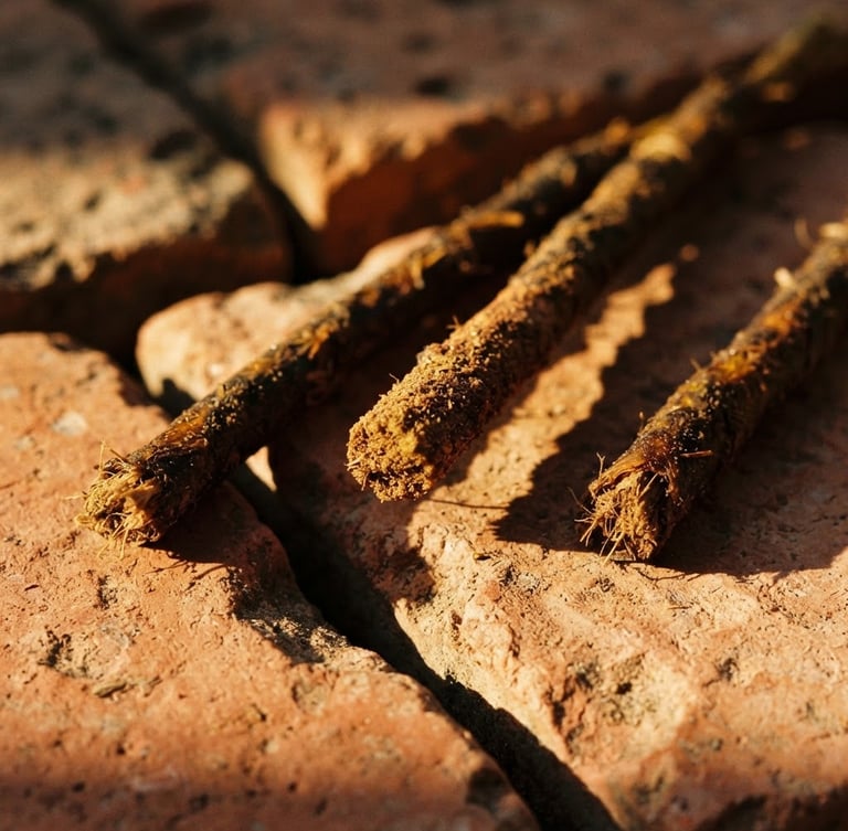 Dramatic close-up of hand-rolled incense sticks resting on warm terracotta tiles, deep side shadows, golden afternoon light, 35mm photography