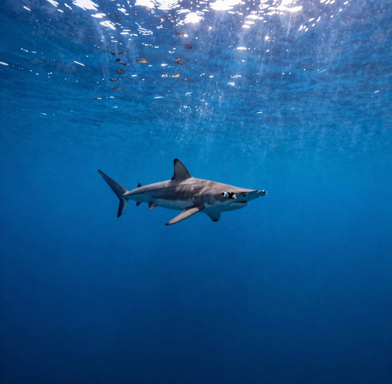 Cinematic wide-angle underwater photograph of a schooling hammerhead shark in deep blue oceanic water with sun rays piercing the thermocline