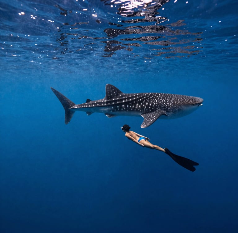 A professional diver executing perfect buoyancy next to a massive whale shark, deep blue water with shafts of sunlight.