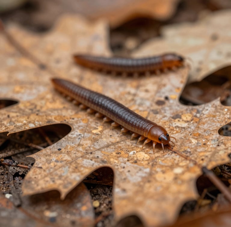 Macro top-down view of Magic Potion isopods crawling on decaying oak leaves, forest floor texture, warm earthy colors, shallow depth of field