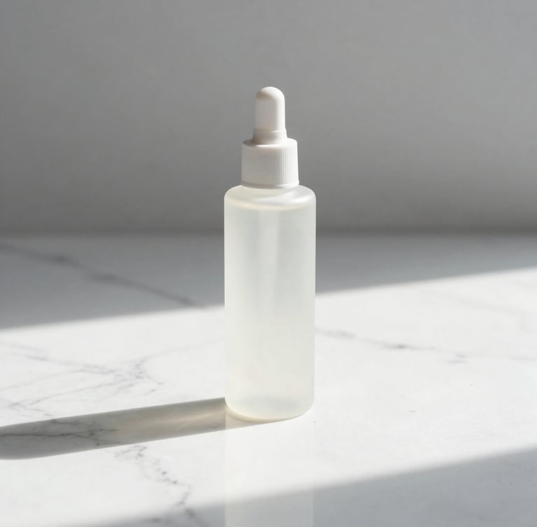 A tight, straight-on geometric shot of a simple, cleanly labeled Product Clean bottle on an immaculate, polished white marble surface under bright, clinical daylight, creating soft shadows.