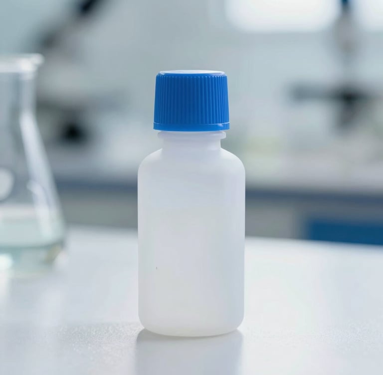 Straight-on macro shot of a clean, minimalist blue-capped chemical bottle on a reflective white surface, bright daylight, clinical studio setting