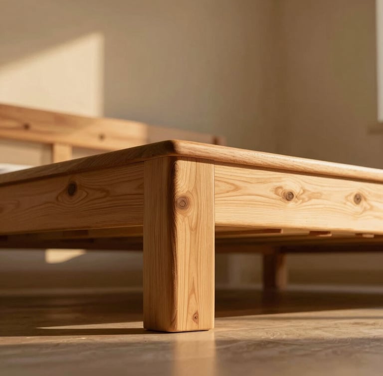 Close-up of hand-carved joinery on a sun-baked cedarwood bed frame, low-angle golden hour sunlight casting soft shadows, warm plaster background