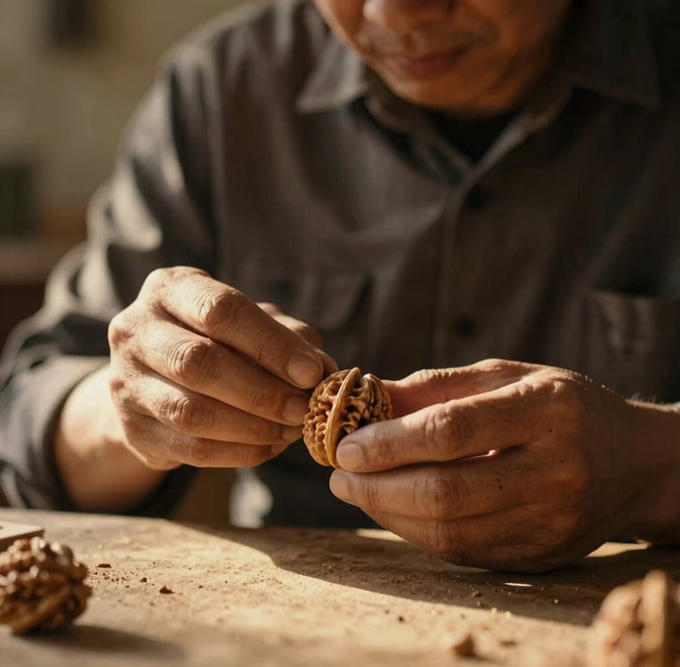 Warm editorial portrait-aspect photograph of a master craftsman's hands carefully inspecting a seasoned walnut joint, soft low-angle golden hour sunlight, shallow depth of field.