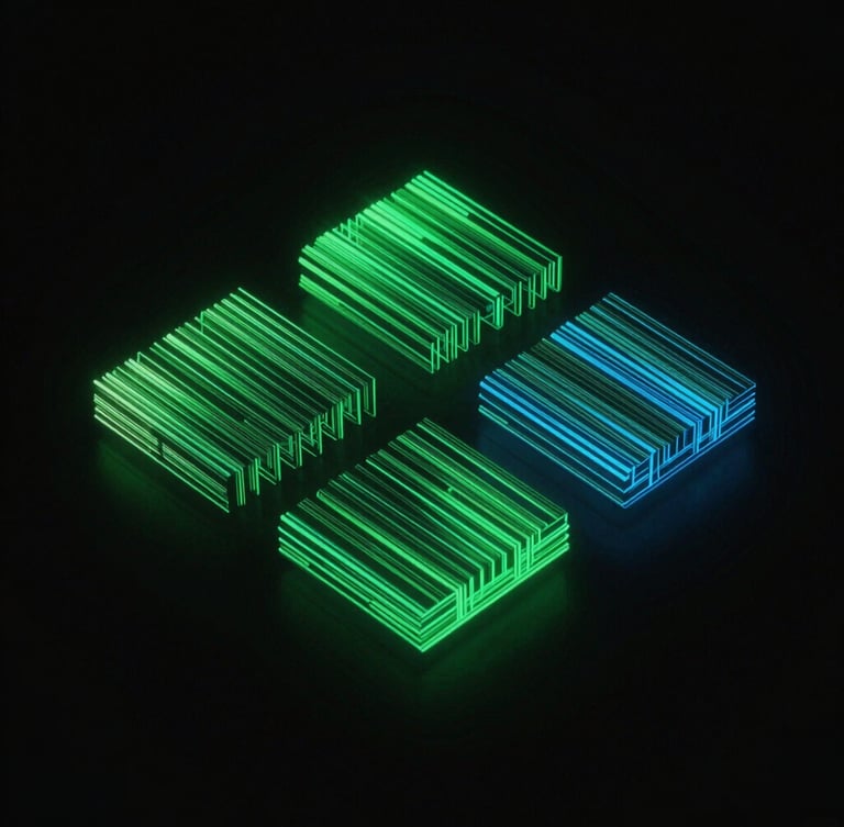 Dark-mode high-contrast 3D render of abstract glowing code structures, neon green emissive lines, sharp geometric grid, isometric angle, octane render