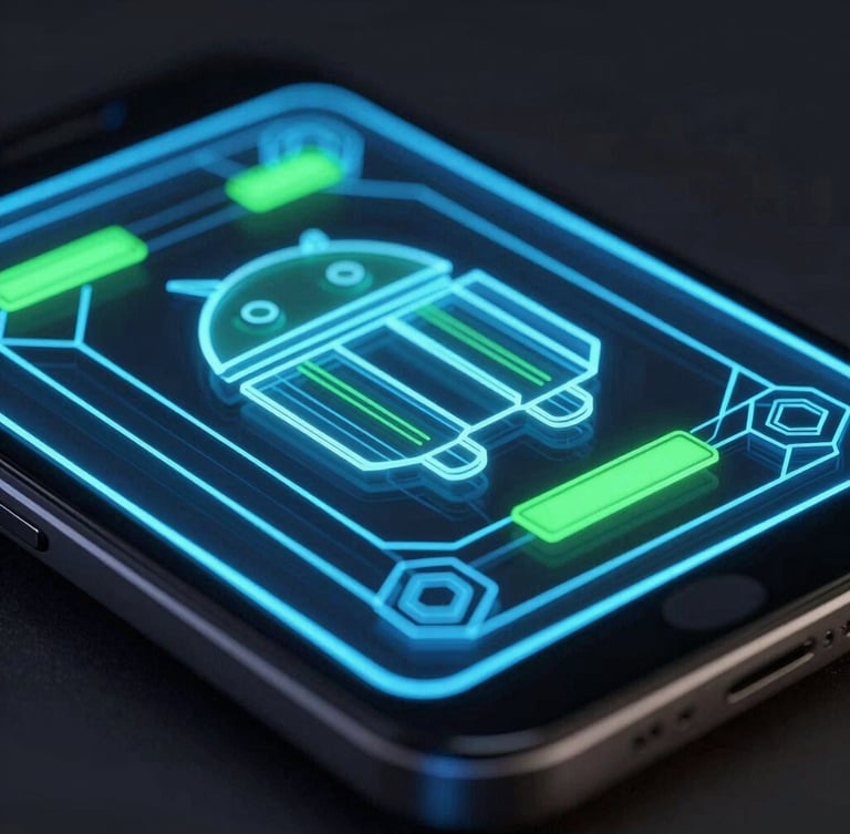 Extreme close-up on a high-fidelity Android device mockup displaying a glowing neon blue wireframe interface, dark low-key studio lighting, octane render, sharp geometric details