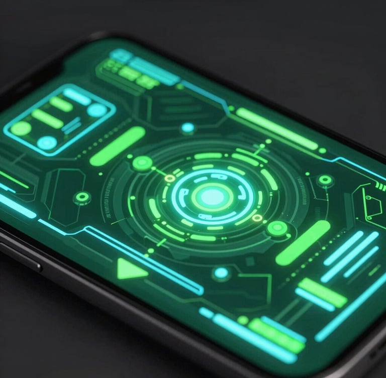 Extreme close-up on a high-fidelity Android device mockup displaying a neon green cyber-industrial game UI, dark studio environment, dramatic emissive lighting, octane render