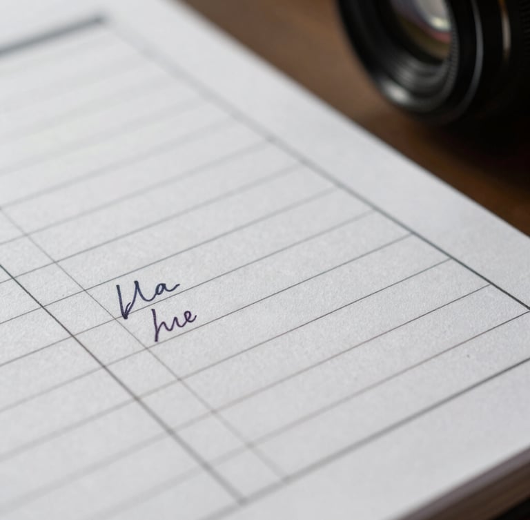 Macro close-up of a high-quality tactile paper ledger with clean hand-written columns under cool morning office light, shallow depth of field, sharp focus on ink lines.
