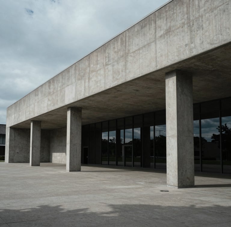 Wide-angle architectural detail of a modern concrete civic institution with sharp geometric shadows under cool overcast light.