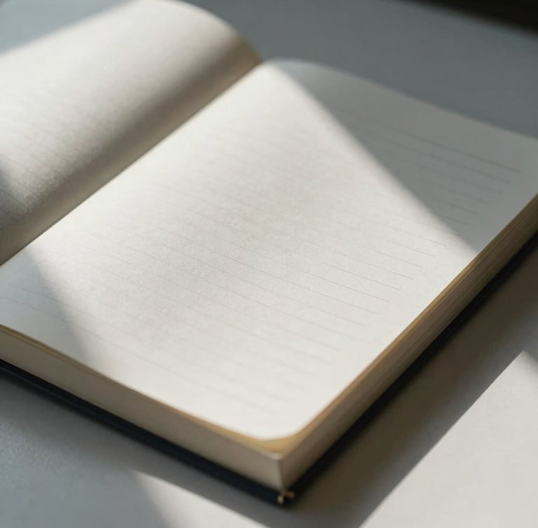 Close-up of high-quality tactile paper ledgers with sharp geometric shadows, clean workspace, cool morning daylight.