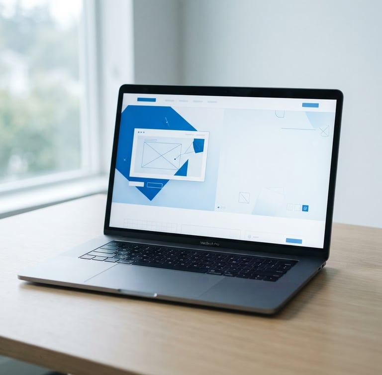 Minimalist clean mockup of a modern business website on a laptop screen, cool northern daylight, soft shadows, crisp blue and white tones, negative space on the right