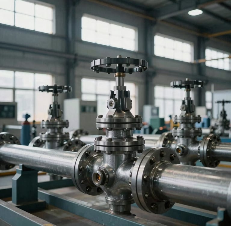 Close-up of a heavy industrial mechanical system installation, steel pipes and precision valves, cool daylight streaming through high warehouse windows