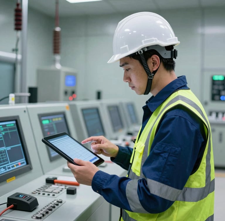An engineer wearing high-visibility gear and a hardhat reviewing digital telemetry data on a tablet inside a high-voltage control room, cool steel lighting