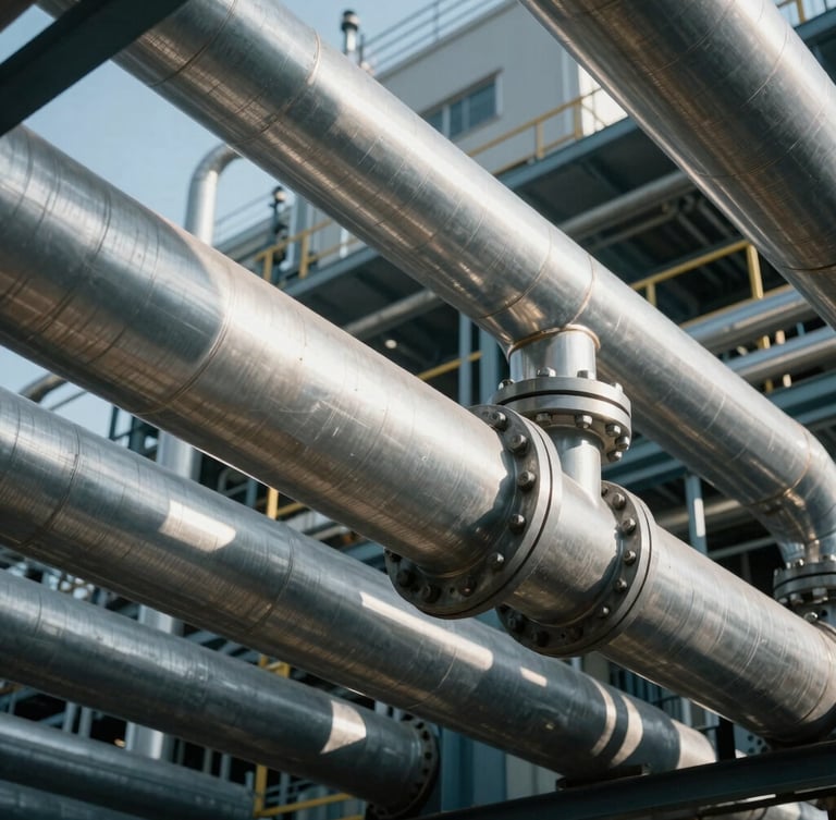Low-angle heroic shot of industrial facility with steel piping, cool high-contrast daylight, sharp technical details, 35mm