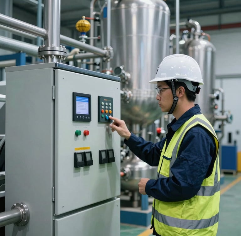 Industrial engineer wearing high-visibility gear and a hardhat inspecting a newly retrofitted control panel in a chemical processing plant
