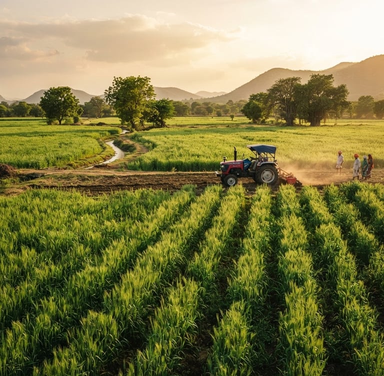 Wide environmental shot of a lush, sunlit crop field in India during golden hour, a modern tractor operating in the background, warm editorial photography, 35mm lens