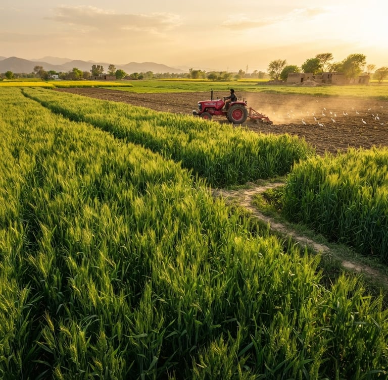 Wide environmental landscape of a lush high-yield crop field in India, a modern tractor operating in the background under bright natural golden-hour sunlight, rich earth tones