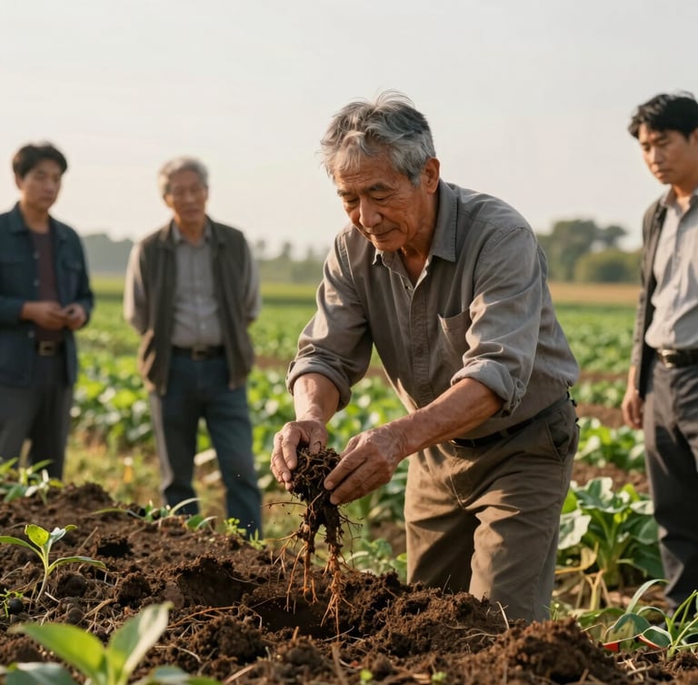 Medium-close shot of a seasoned farmer showing healthy soil and root systems to agricultural researchers in an open green field, natural overcast daylight, warm earth tones