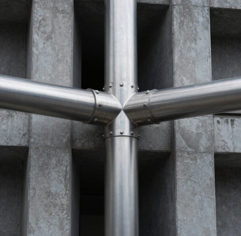 Macro shot of polished steel architectural joints and structured concrete pillars, sharp dramatic lighting, 35mm