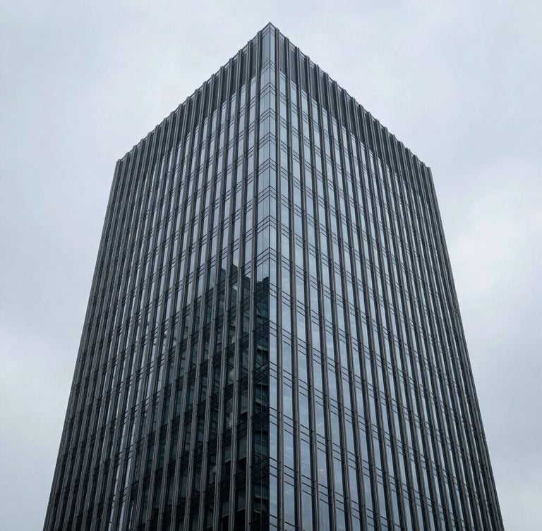 Low-angle architectural shot of a modern glass skyscraper facade against a cool overcast sky, sharp reflections, minimal composition, 35mm