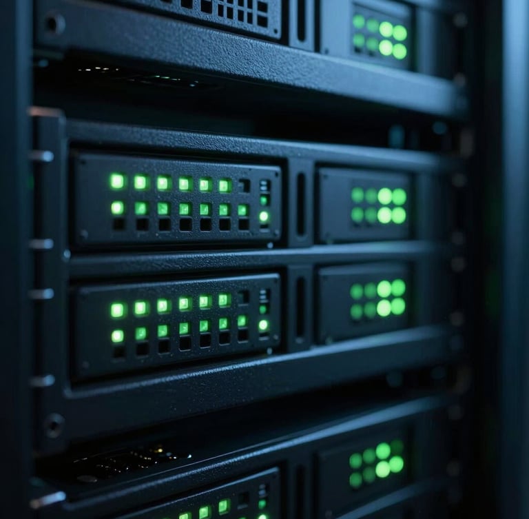 Macro close-up of dark server racks in a datacenter, sharp neon green LED indicator lights, low-key ambient lighting, 35mm lens, cinematic depth of field