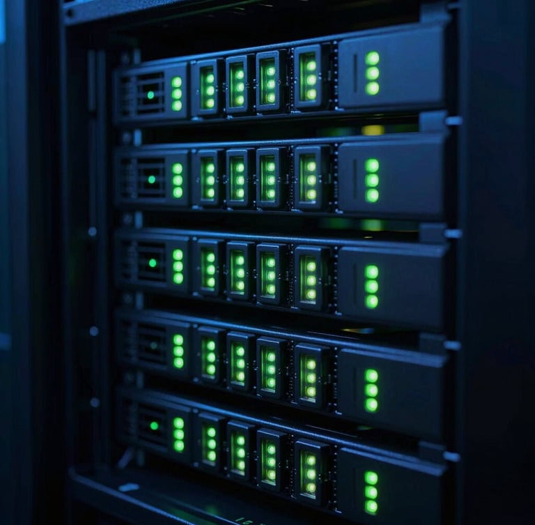 Macro close-up of high-density server rack blades in a dark datacenter, sharp neon green LED indicators pulsing, low-key cinematic lighting, 35mm lens.