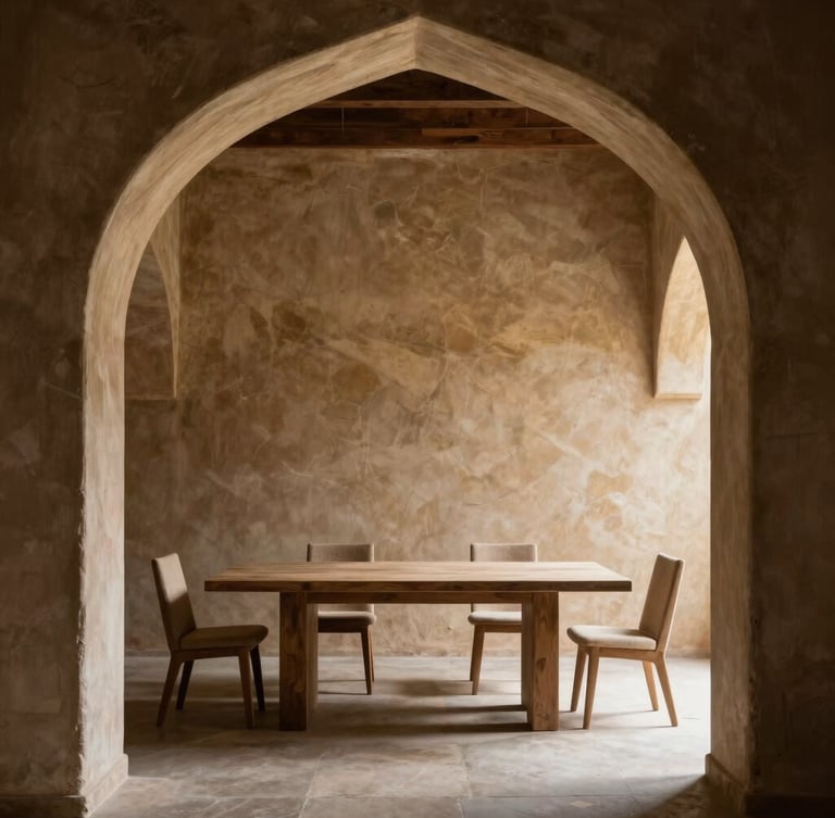 High-contrast shot of a minimalist dining table under a massive raw lime-plaster archway, deep shadows, Jodhpur sandstone texture.