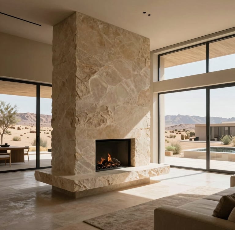 A wide, dramatic interior view of a modern villa living space, featuring a massive monolithic sandstone fireplace and floor-to-ceiling glass looking out to a desert courtyard.